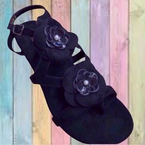 Mackin J Black Vegan Suede Flat Strap Flower Pearl Accent Flat Sandals New